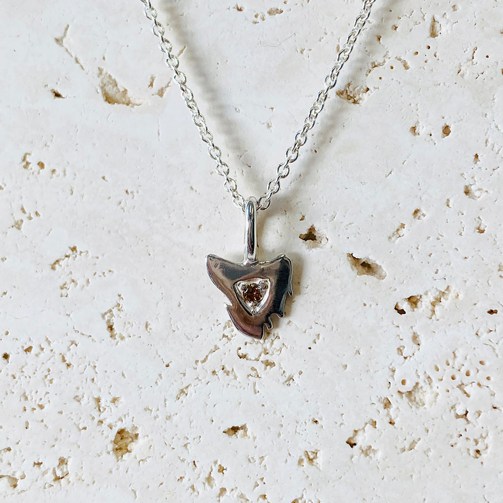 Cognac Diamond Map of Tasmania Necklace Sterling Silver